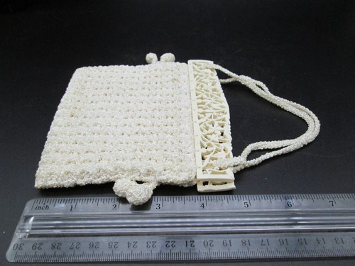 Carved Celluloid Frame Crocheted Ivory Clutch Bridal Bag Purse Art Deco Vintage - Picture 11 of 12