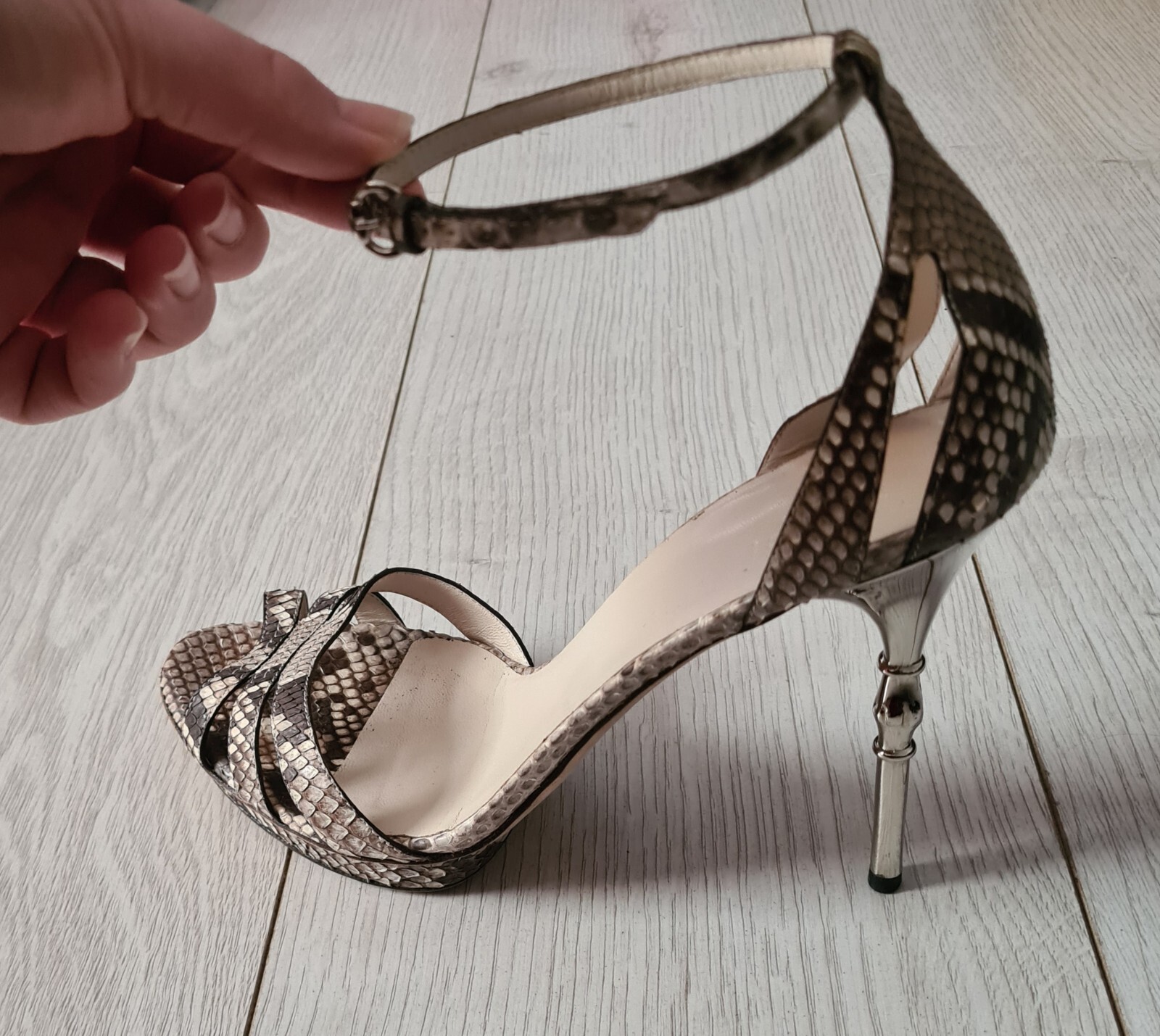 GUCCI BEIGE BROWN PYTHON PLATFORM PEEP TOE ANKLE … - image 5