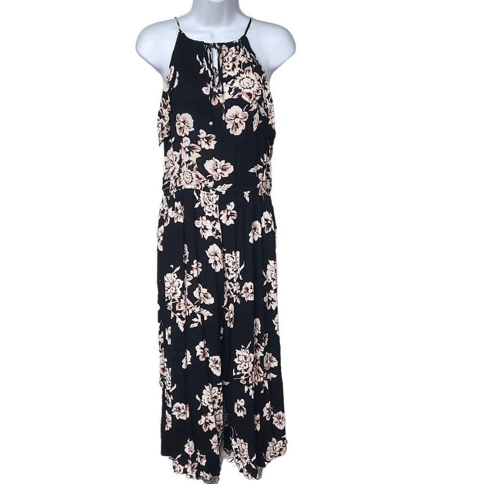Macacão Aeropostale floral perna larga preto bege halter top feminino médio - Imagem 2 de 4