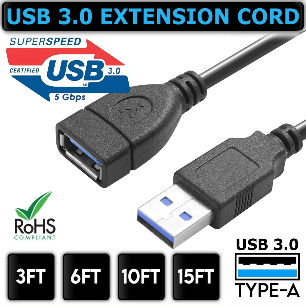 USB 3.0 (5Gbps) A-to-A Extension Cable - M/F - 6 in, Black