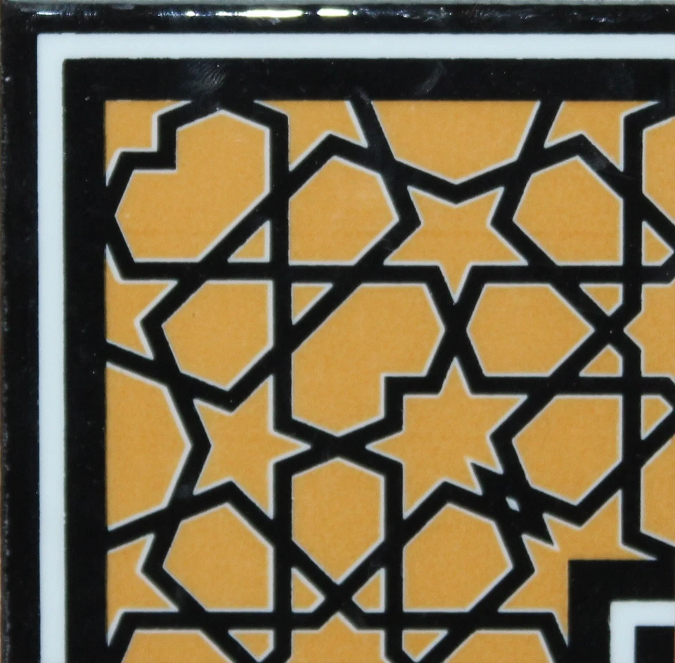 4"x4" Black and Mustard Turkish Iznik Geometric Pattern Tile Border Corner - Image 2 of 2