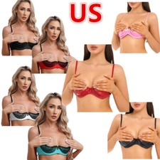 Womens Lace 1/4 Demi Cup Push Up Shelf Bra Underwire Hollow Out Bra Crop Top