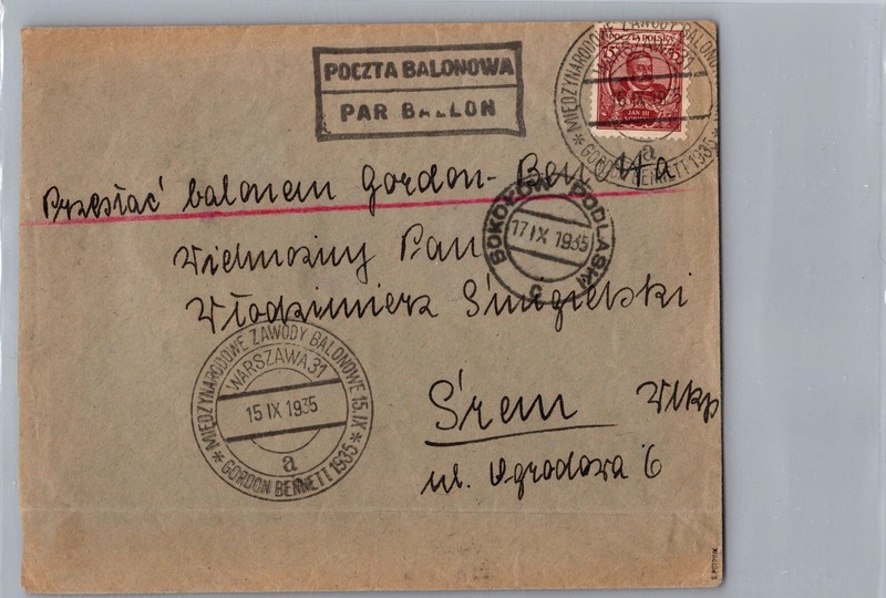 1935 Warsaw Poland Gordon Bennet Ballon Flight Expres Airmail Cover to Srem