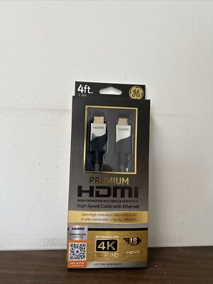 GE 4' Premium HDMI High-Speed Cable with Ethernet 4K Ultra HD 18GBPS