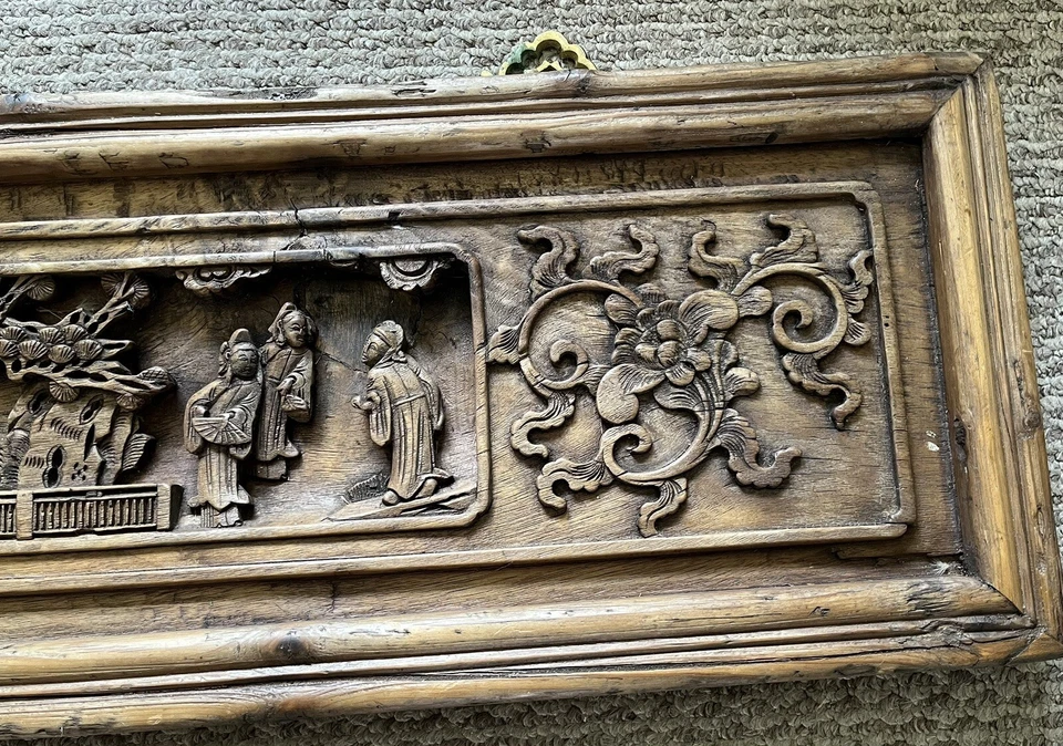 Large Vintage Old Chinese Window Carving Panel Wall Hanging Garden Maidens Decor - Image 4 of 4