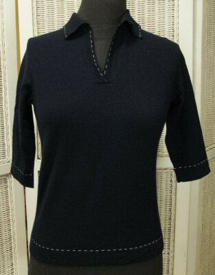 JOE TAFT Short-Sleeve Blue Jumper S White Stitch Trim Sweater Knitwear Top