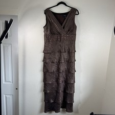 R M Richards Ruffled Tiered Evening Gown Dress Brown Beaded Sequin Size 16
