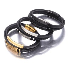 Pulsera de cuero de 3 capas para hombre con bloqueo de acero inoxidable plateado/oro/negro 21 cm