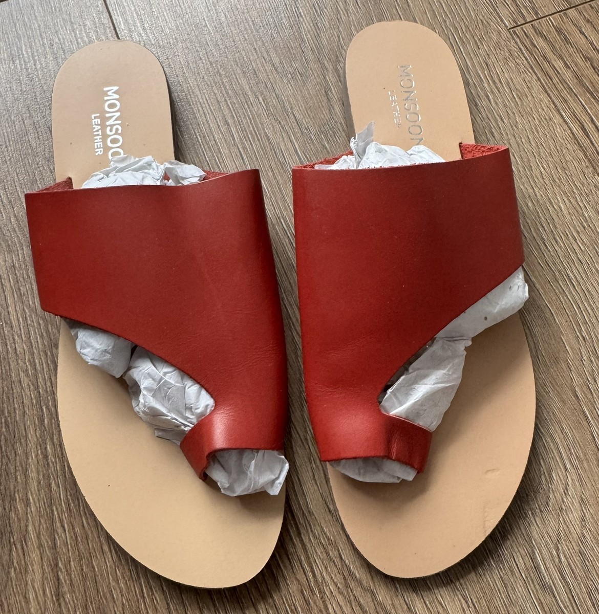Monsoon Ladies Toe Thong Leather Sandals Red- Size