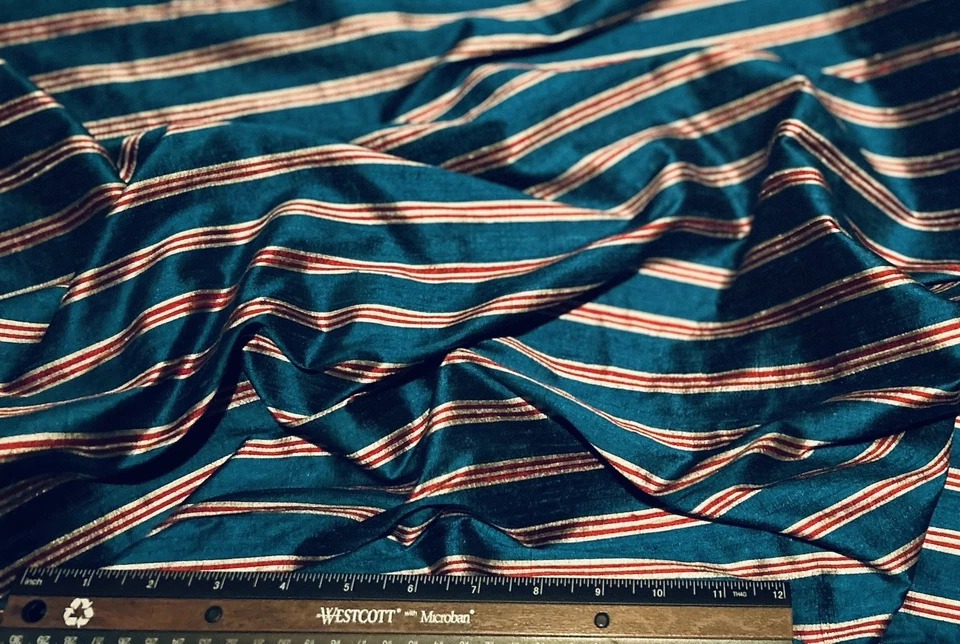 Teal/Red/White Dupioni Stripes 100% Silk Fabric 44" Wide, By The Yard (SD-614B) - Image 2 of 3