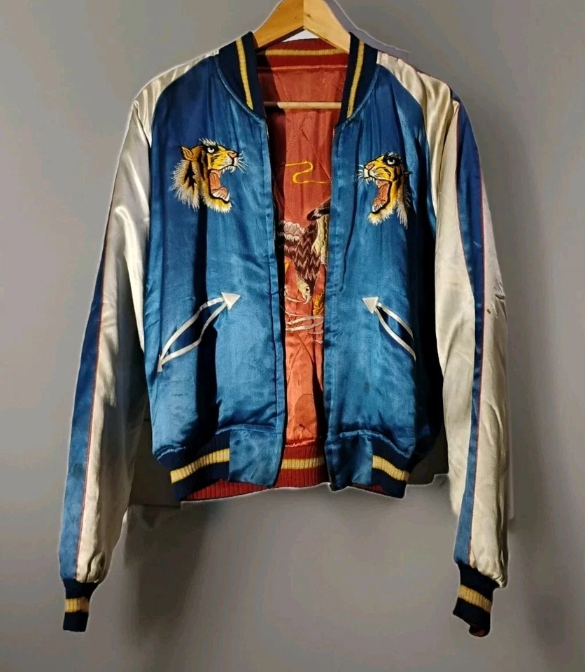 Vintage Sukajan Souvenir Jacket Tiger Hawk Reversible Blue Pink Japan 40s 50s - Image 3 of 4