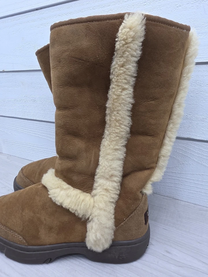 UGG Womens Sunburst Tall Boot Tan Brown Sheepskin Outer Stripe 5218 Warm Size W7 - Image 2 of 4