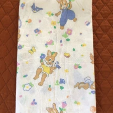 Vintage 80s Cotton Flannel Receiving Blanket - White with Bunny Rabbits & Birds