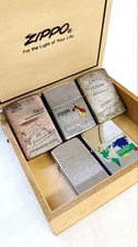 ZIPPO 5 Piece Set with Wooden Box American Classic Vintage Used