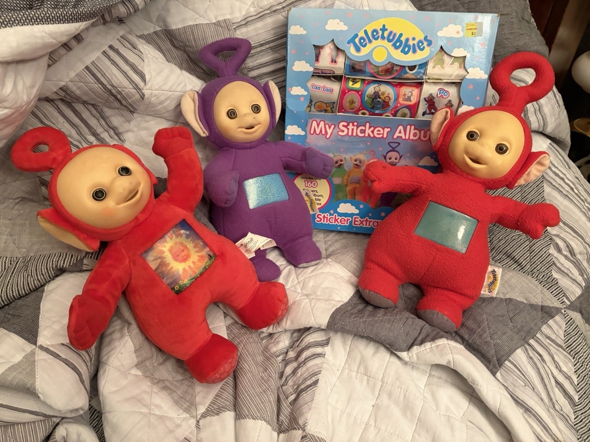 Vintage 1990s Lot Of 3 Teletubbies Plush + Stickers In Box ( 2