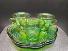 Vintage Iridescent Green Carnival Glass Snack Set Of 3 Indiana Collectible