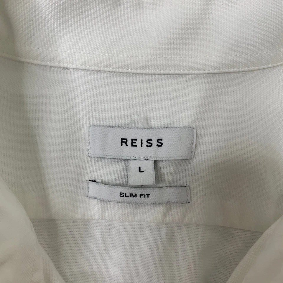 Camisa Reiss Para Hombres L Grande Blanco Algodón Calce Ajustado Botones Boda Vestido Formal Foto 4 de 4
