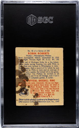 1949 Bowman #46 Robin Roberts Rookie RC SGC 1 - Picture 2 of 2