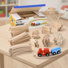 52 PCS Wooden Train Track Set 2 Bonus Toy Trains, Compatible with Major Brands