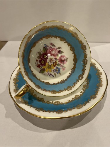 Vintage Aynsley Tea Cup & Saucer Turquoise & Gold w/ Pink Rose & Flowers - Picture 13 of 13