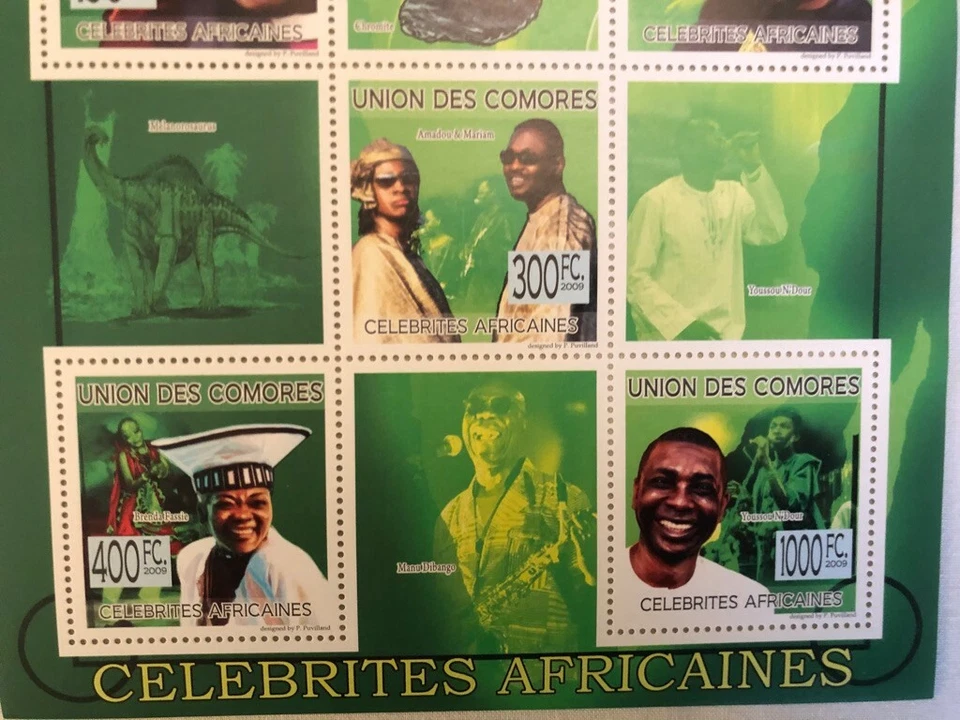 Collectors Sheet of 6 stamps from Comores African Celebrities featuring Mandela  - Image 3 of 3