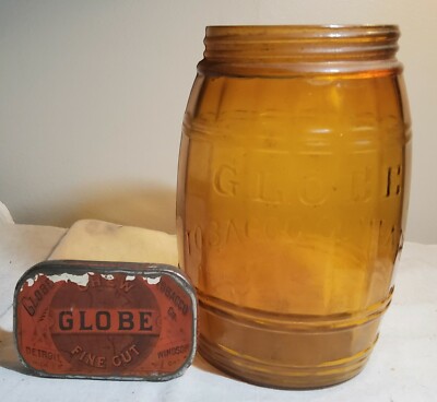 globe wholesale tobacco distributors inc RARE GLOBE TOBACCO COMPANY FINE CUT TIN CONTAINER & AMBERGLASS BARREL  SHAPED JAR