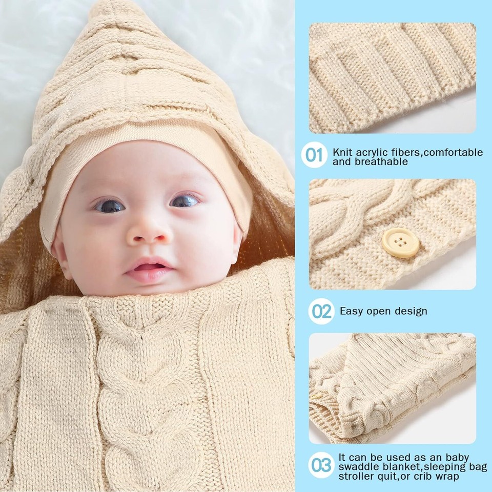 Zhanmai Newborn Baby Wrap Swaddle Blanket Knit Sleeping Bag Full, Beige
