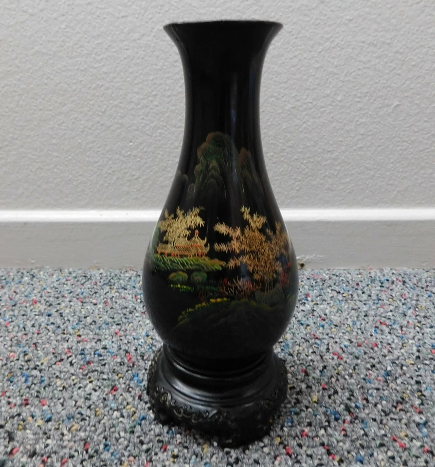 Jarrón antiguo chino Foochow Fuzhou pintado a mano negro de madera lacada Foto 3 de 4