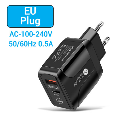 PD25W Fast Charging Dual Port Wall Charger USB Type C European Travel Power Plug