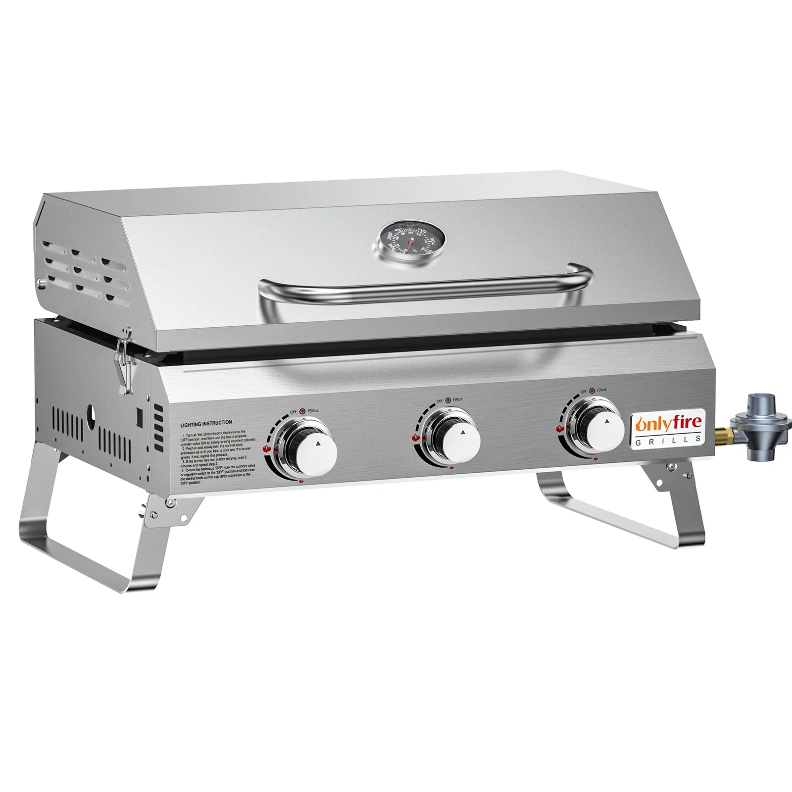 Onlyfire Flat Top Gas Griddle with Foldable Legs, 3-Burner Stainless Steel Propa