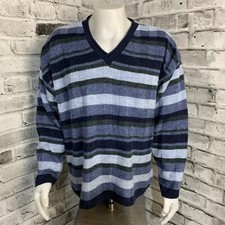 Vintage Cherokee Sweater Mens L Blue Striped V-Neck Classic Preppy 90s Y2K