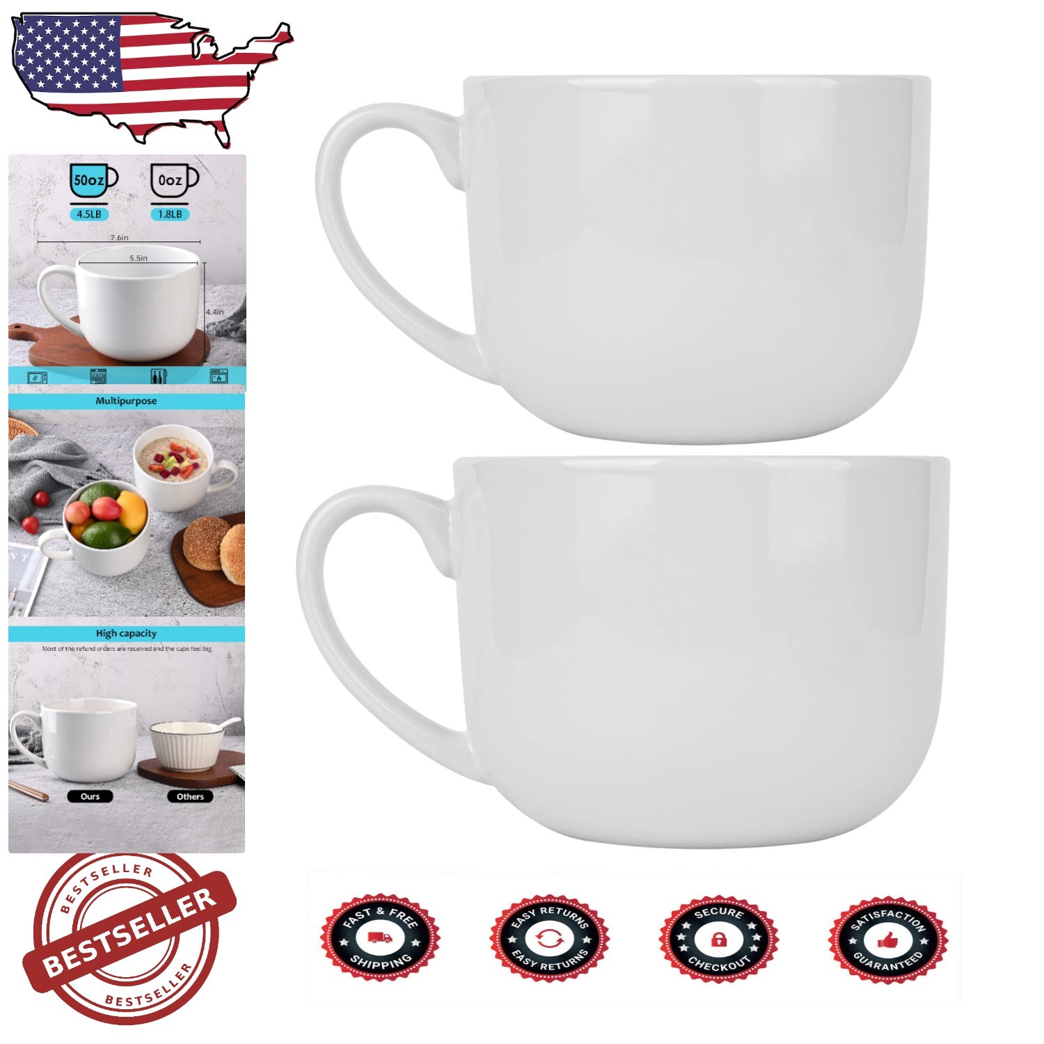 50oz White Ceramic Jumbo Mugs with Large Handles - Ideal for Oatmeal & Coffee