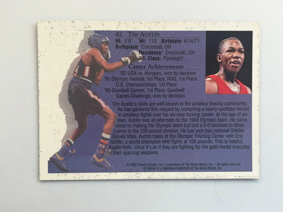 1992 Classic World Class Athletes #42 Tim Austin  Boxing Card - Image 2 of 2