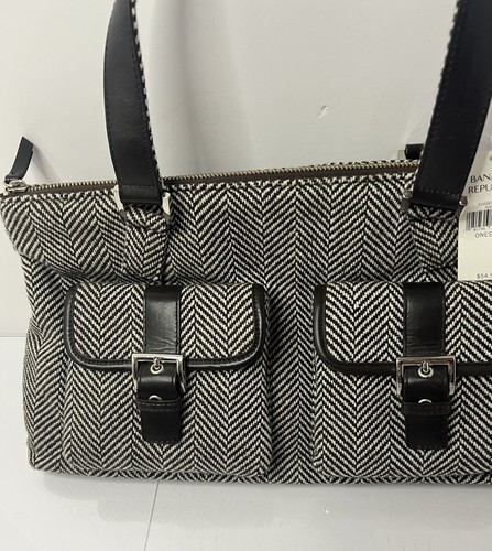 Vintage 2005 Banana Republic Brown Wool Herringbone Tweed Double Handle PurseNEW - Picture 3 of 8