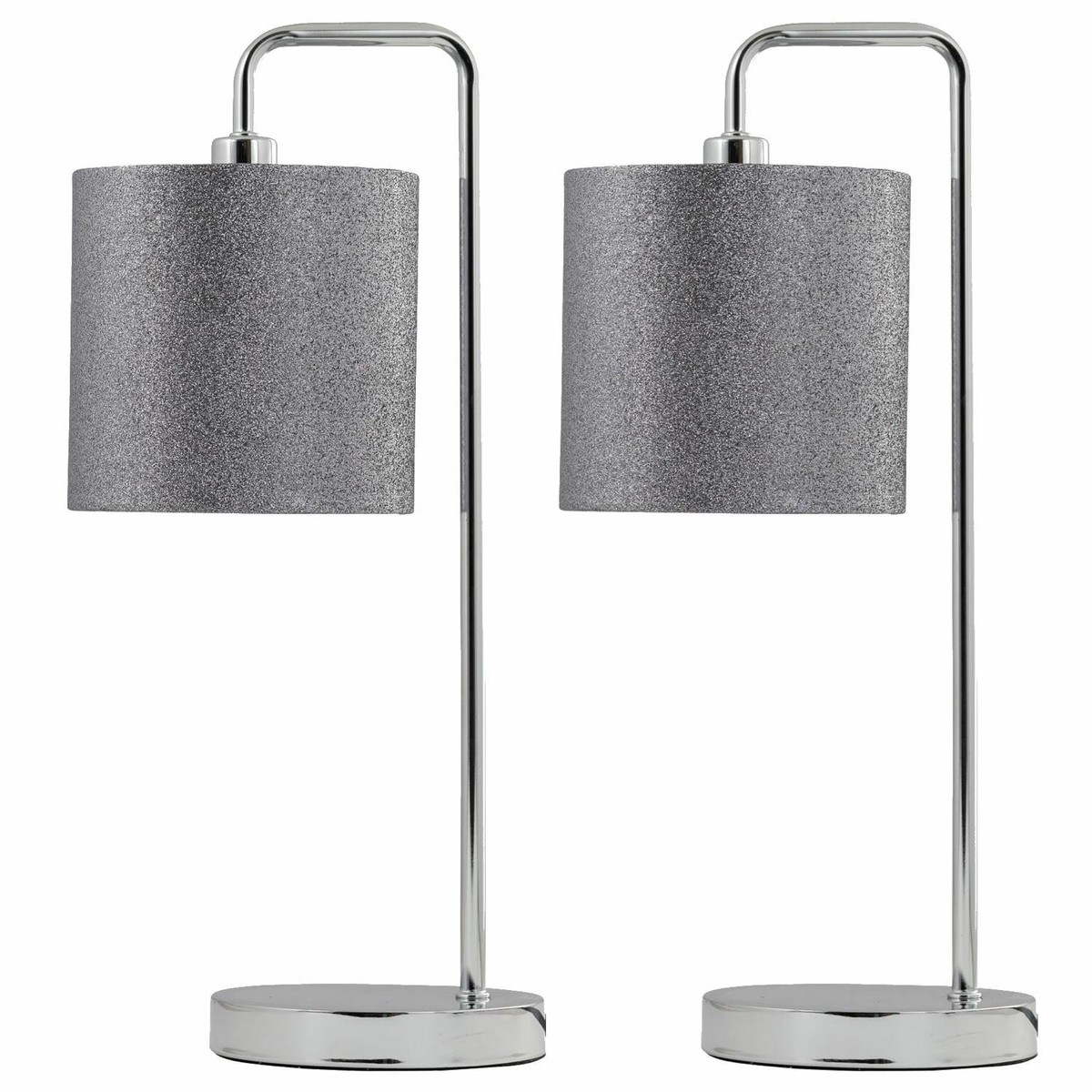 Set of Chrome Arched 45cm Table Lamp Bedside Lights Silvery Grey Glitter  Shade