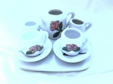 8 PIECE MINIATURE TEA COFFEE SET WHITE PORCELAIN With Pink Rose