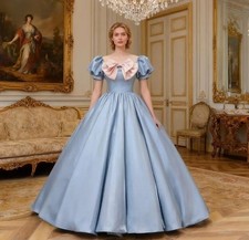 Puff Sleeves Satin Prom Dress Bow Front Formal Party Gowns Backless Evening Gown