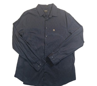 Express Mens Button Up Long Sleeve Shirt Navy White Print XL Slim 17 To 17 1/2