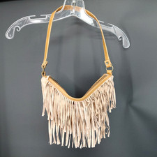 Hobo Bag Small Beige Suede Fringe Shoulder Zipper Boho Festival Western Y2K