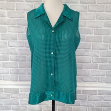 Vintage Victoria's Secret Label Green Satin Top Gingham Print Small