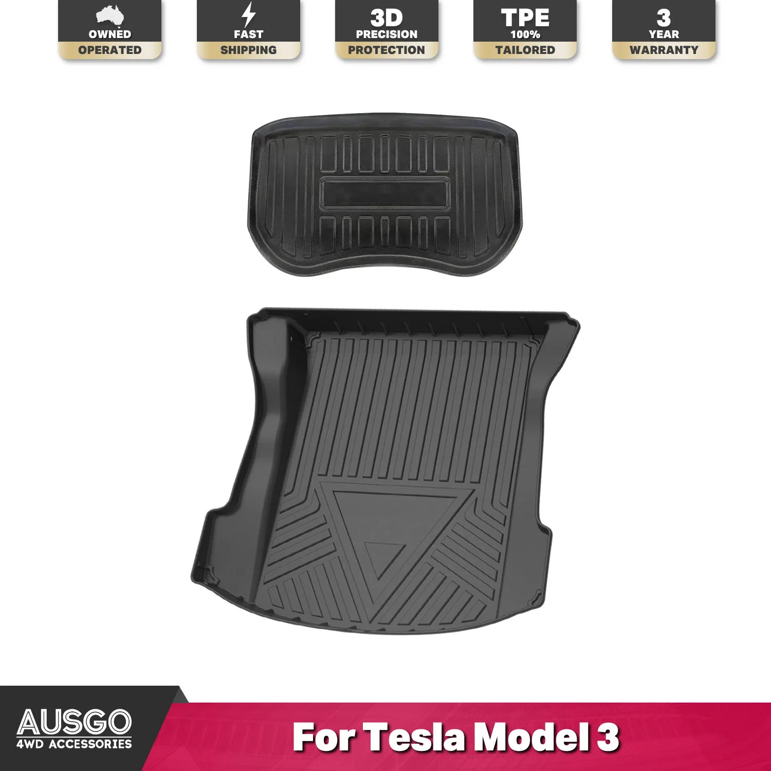AUSGO Front & Rear Boot Liner Set for Tesla Model 3 2021-2023 Cargo Trunk Mat