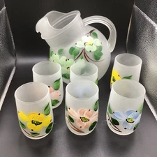 VTG Hazel Atlas Frosted Satin Glass Ball Pitcher W/ 6 Glasses-1950s- Floral