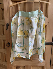 Vintage 1950s 1960s Floral Half Apron Yellow Chrysanthemum Blue Morning Glory Ri