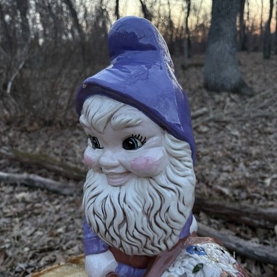 Large Vintage 17” Purple Ceramic Garden Gnome Wheelbarrow With