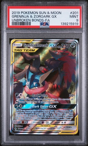 2019 POKEMON SUN & MOON UNBROKEN BONDS #201 FULL ART/GRENINJA & ZOROARK GX PSA 9