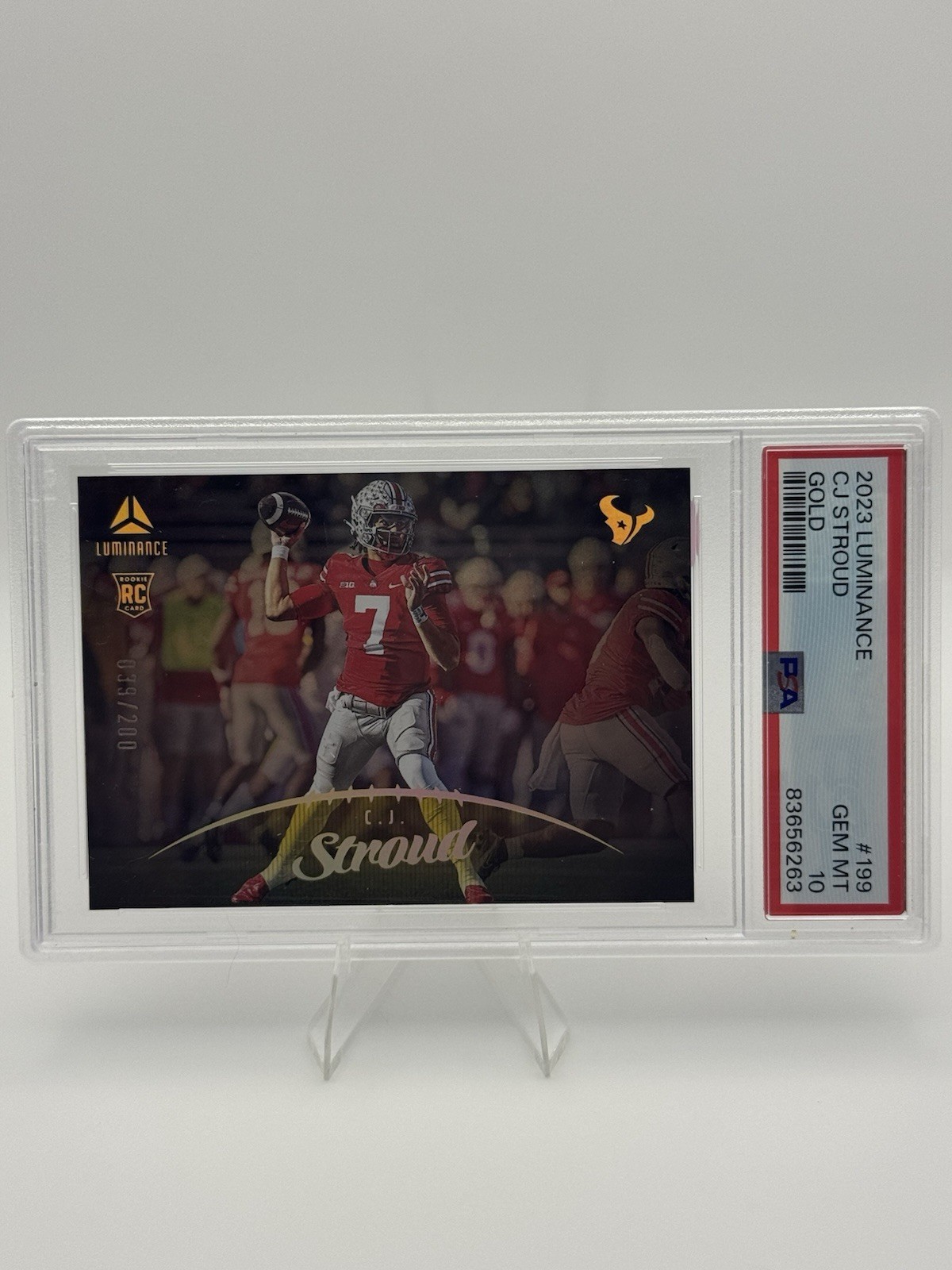 2023 Panini Luminance - CJ Stroud #199 Gold /200 (RC) PSA 10 Houston Texans view 2