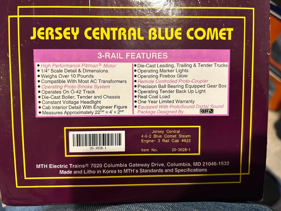 MTH 20-3028-1 New Jersey Central 4-6-2 Blue Comet Pacific w/ Proto 1 NIB - Image 2 of 4