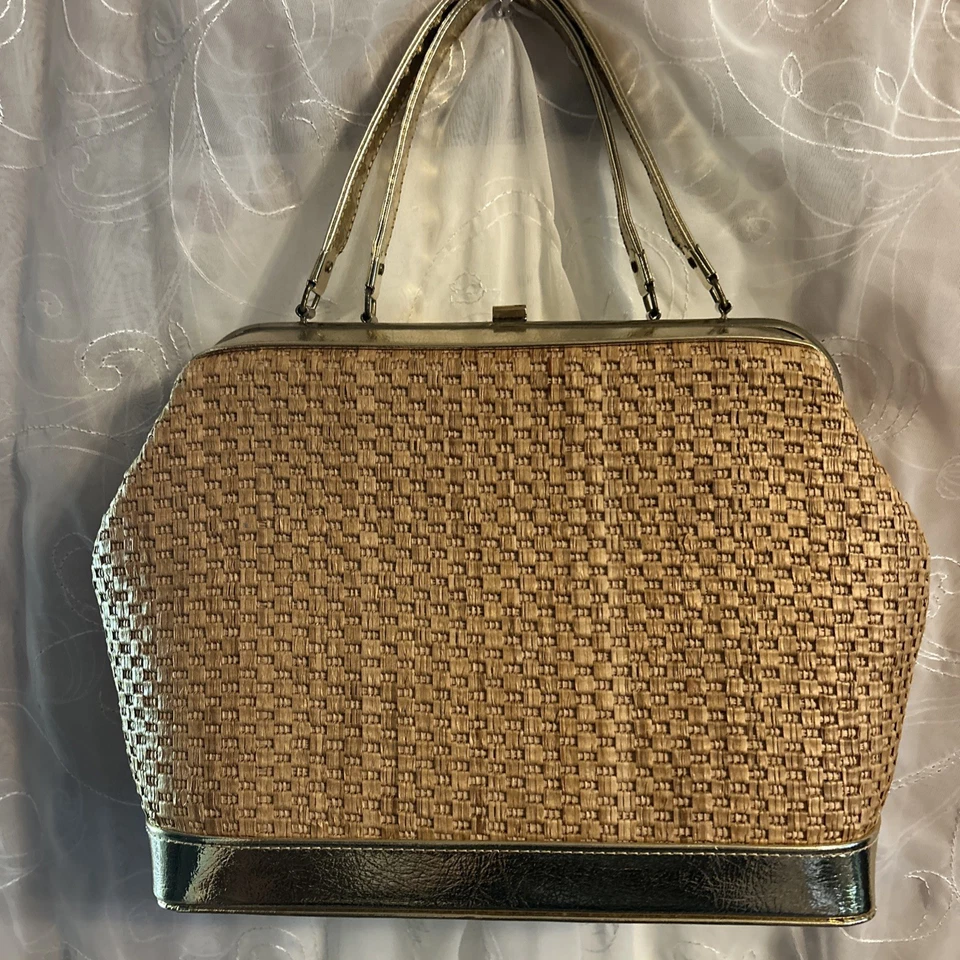 Vintage Markay Bags Gold Straw Satchel Handbag Kiss Lock Closure Made In USA - Image 2 of 4
