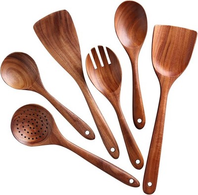 Versatile 6-Piece Natural Wooden Cooking Utensils - Non-Scratch & Durable