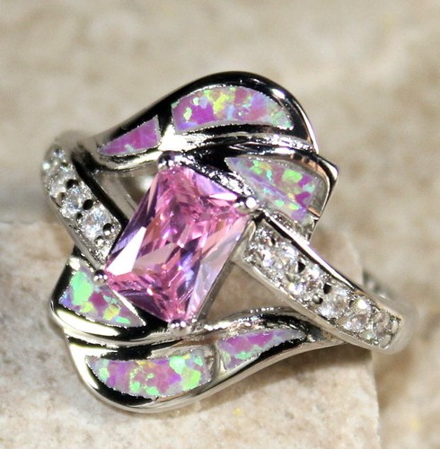 SILVER Elegant Pink Fire Opal & Pink Kunzite Ring Size 7 Woman Gift WR40605 - Picture 3 of 3
